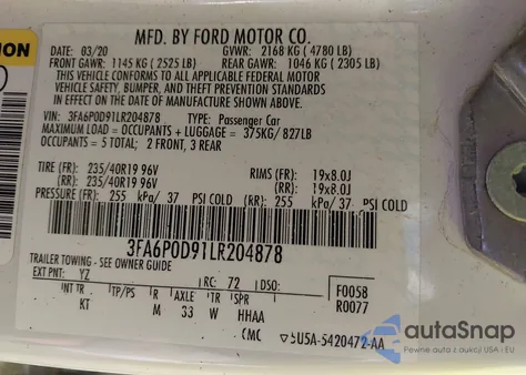 2020 Ford Fusion Titanium from USA, damaged, VIN 3FA6P0D91LR204878
